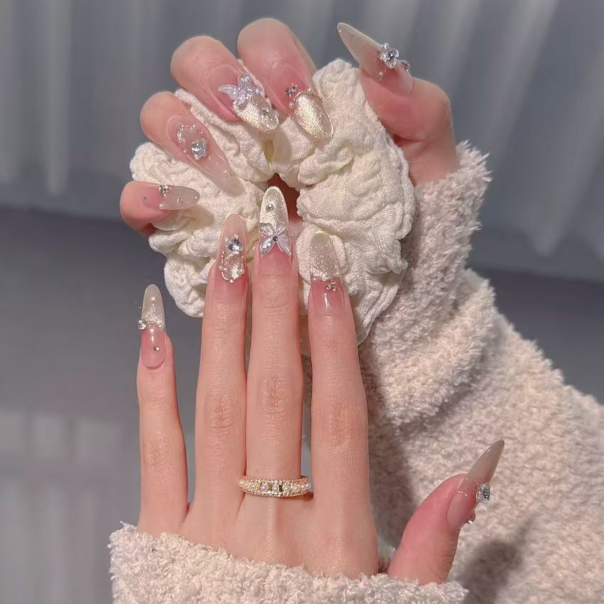 【碟仙子】纯手工美甲金色法式搭配立体蝴蝶优雅气质可拆卸穿戴甲