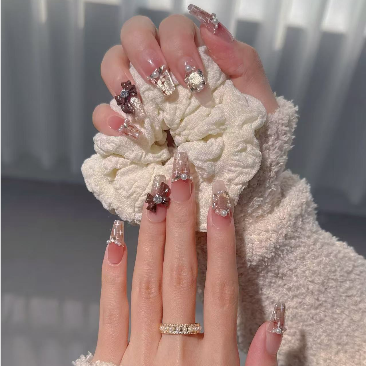 【可可小香】纯手工美甲小香风法式搭配蝴蝶结可爱俏皮可拆卸穿戴甲