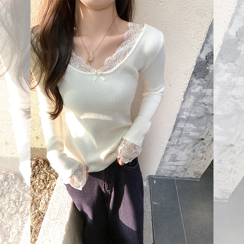 曾小咸 纯欲修身显瘦2色蕾丝边领打底衫Z244TA4119