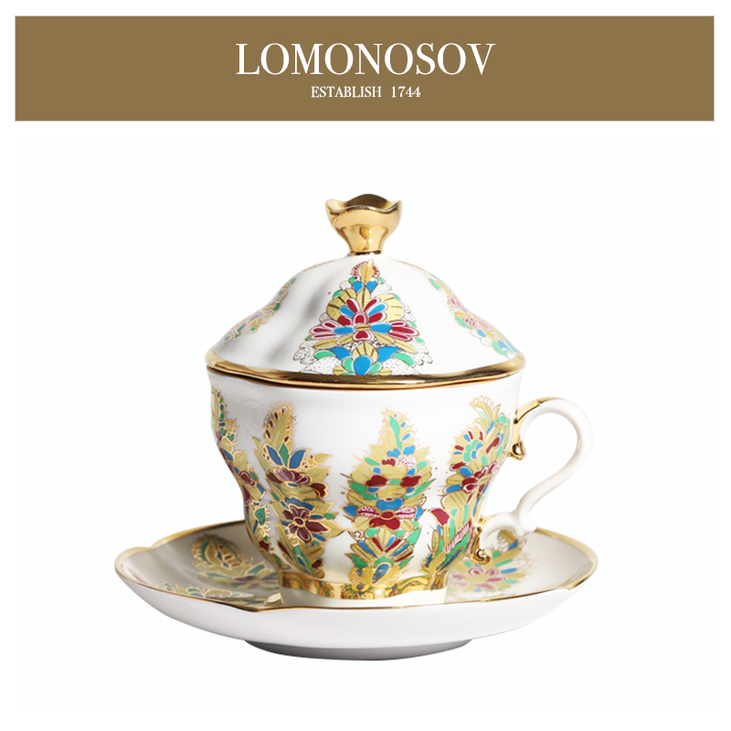 LOMONOSOV俄皇瓷器高定 高定 金色圆舞曲 凤尾花带盖咖啡红茶杯碟
