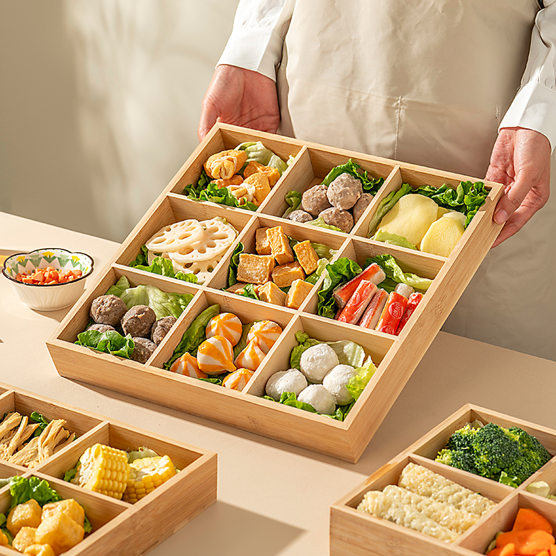 onlycook日式竹木火锅蔬菜盘九宫格拼盘分格备菜盘烤肉食材餐具
