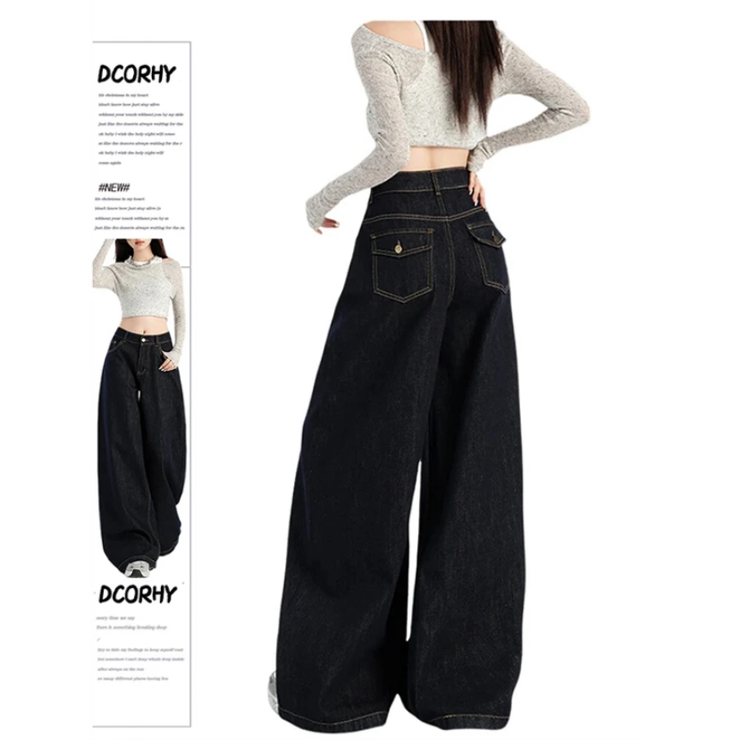 丹宁原色阔腿裤女秋装2025新款高个子175加长高腰宽松垂感牛仔裤