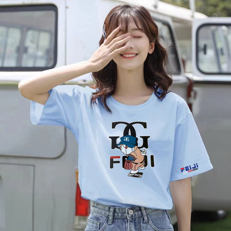 FEIJI/斐即重磅纯棉男女同款短袖圆领宽松大码落肩袖T恤卡通印花