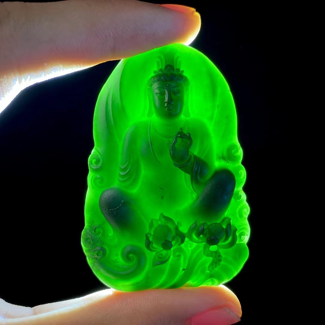 缅甸天然翡翠A货墨翠冰种毛货观音菩萨挂件守护神男女款礼物