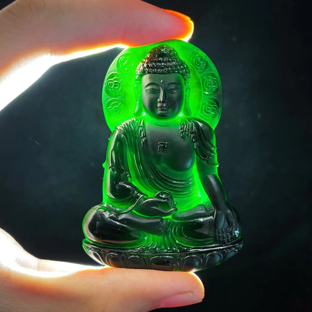 缅甸天然A货墨翠大日如来佛祖挂件守护神吊坠