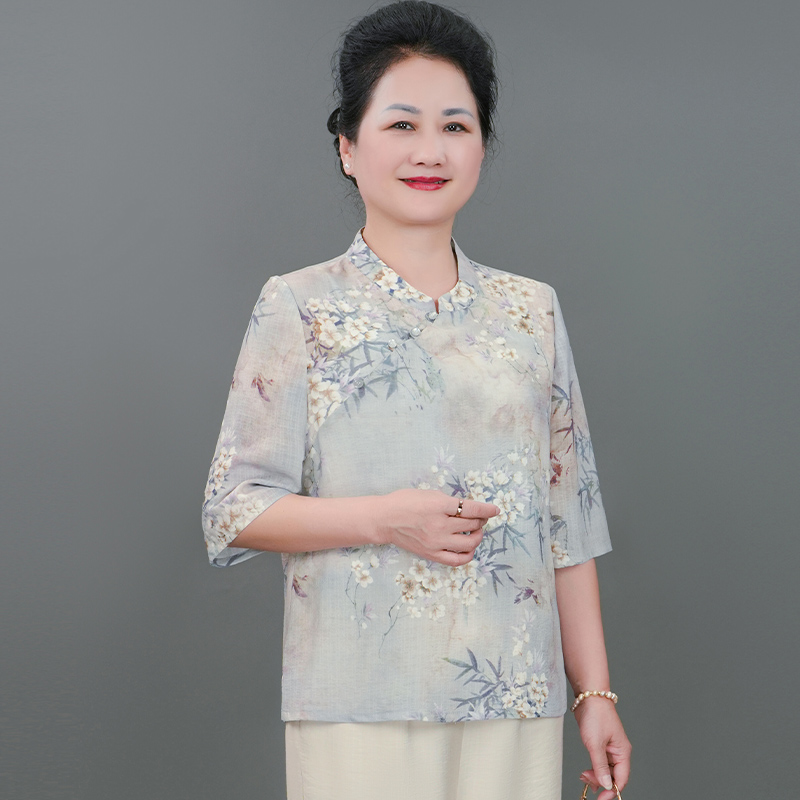 雅鹿夏季中老年大码女装洋气50岁新中式国风碎花衬衫B0687
