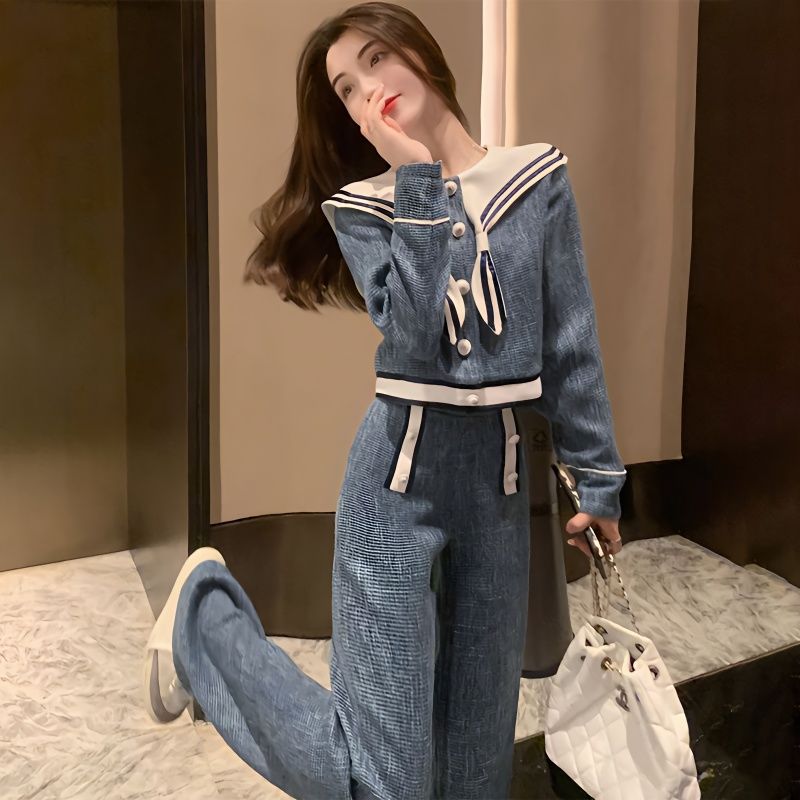 新品小香风时尚两件套装女装秋季2023新款法式小个子阔腿裤海军领