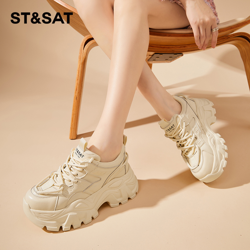 星期六爆显脚小厚底老爹鞋女2023新款轻便百搭增高小白休闲运动鞋