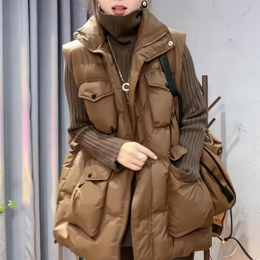 美拉德高级感纯色拼接无袖棉服马甲女2025冬季新款宽松遮肉上衣潮