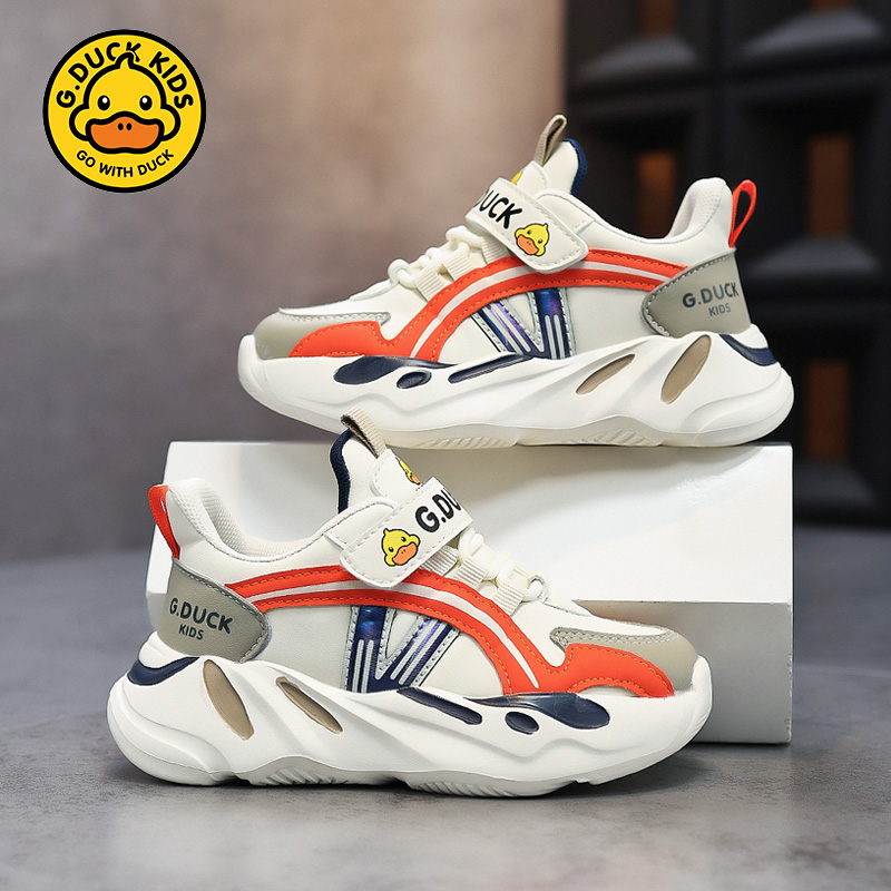 小黄鸭男童鞋春秋款2024新款儿童休闲老爹鞋皮面防水男孩运动鞋子