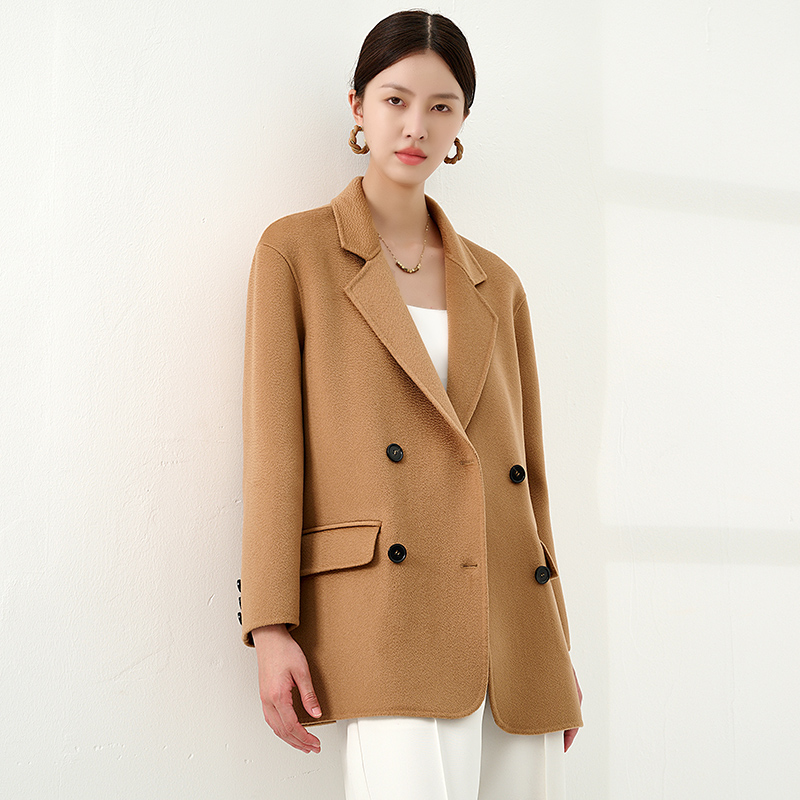 新款黑色水波纹100山羊绒双面羊绒大衣女经典西装秋冬西装外套