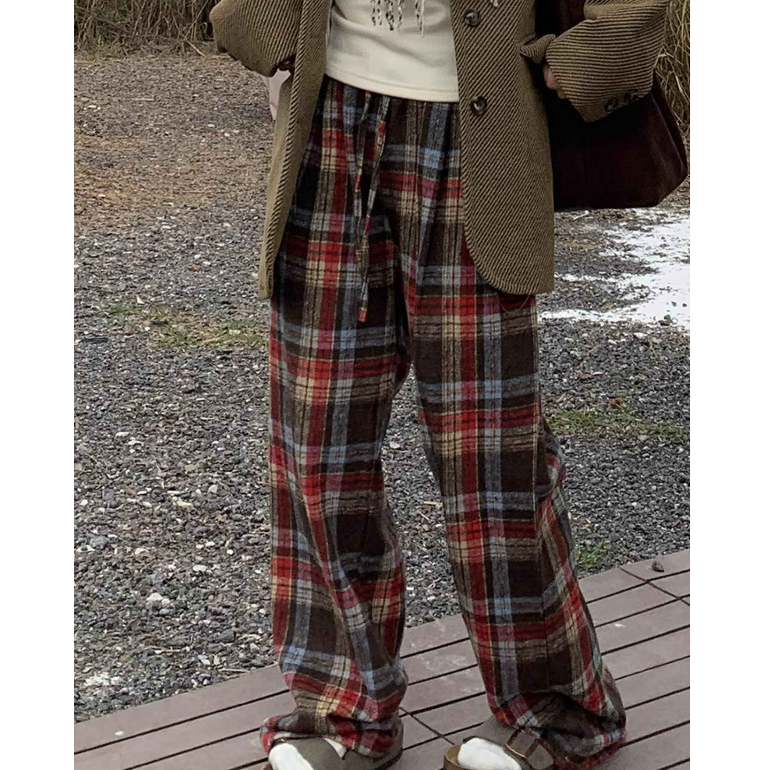 橘子树在哪儿复古格子抽绳休闲裤女秋冬高腰宽松直筒阔腿拖地长裤