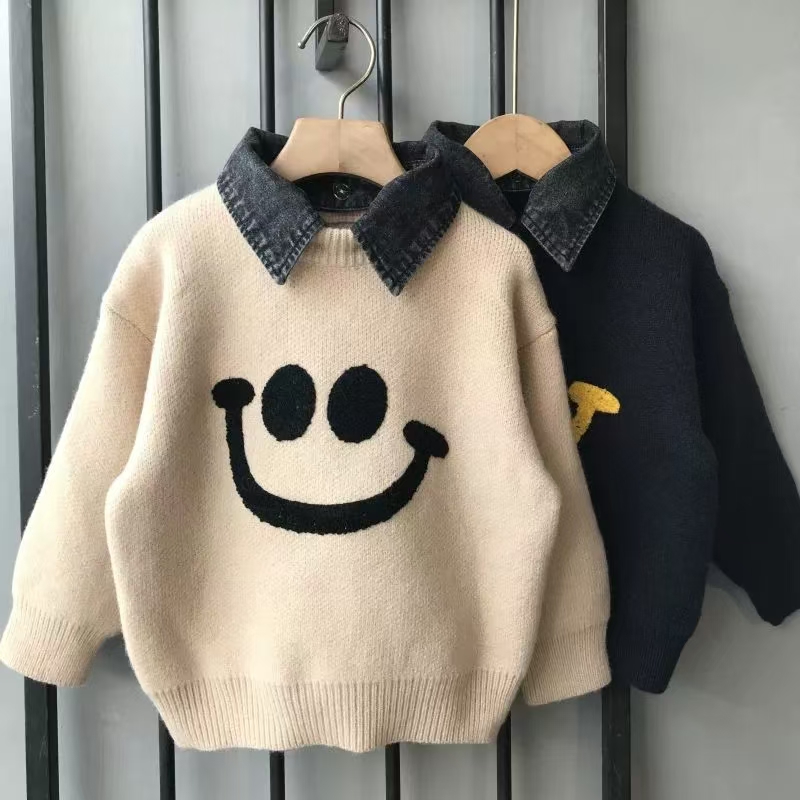 男童毛衣秋冬款假两件2024新款儿童厚针织衫中大童冬季打底衫炸街