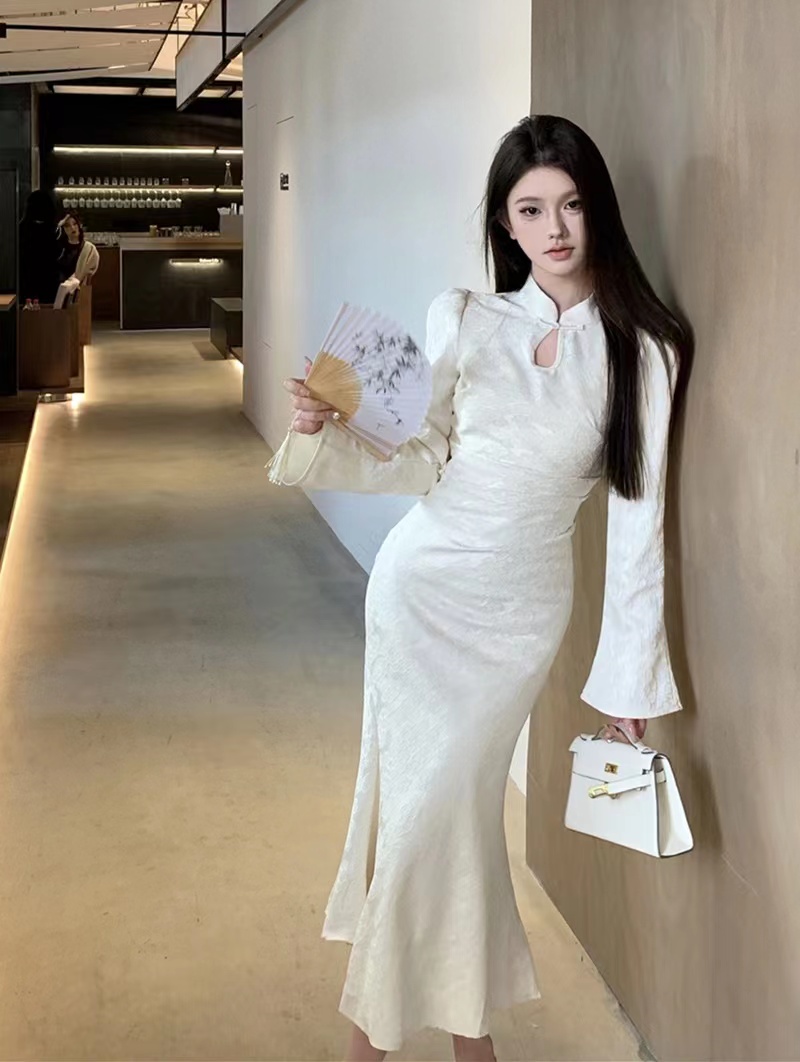 欧尼~秋冬性感立领鱼尾新中式提花鱼尾连衣裙长裙发热内胆两件套