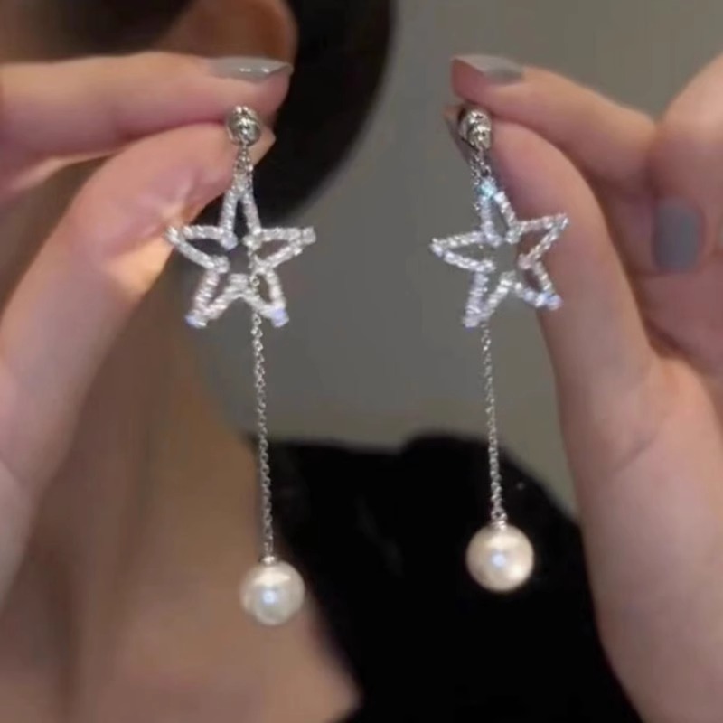 铜合金耳饰 满钻镂空五角星珠珠流苏耳环一款两戴百搭高级感耳坠