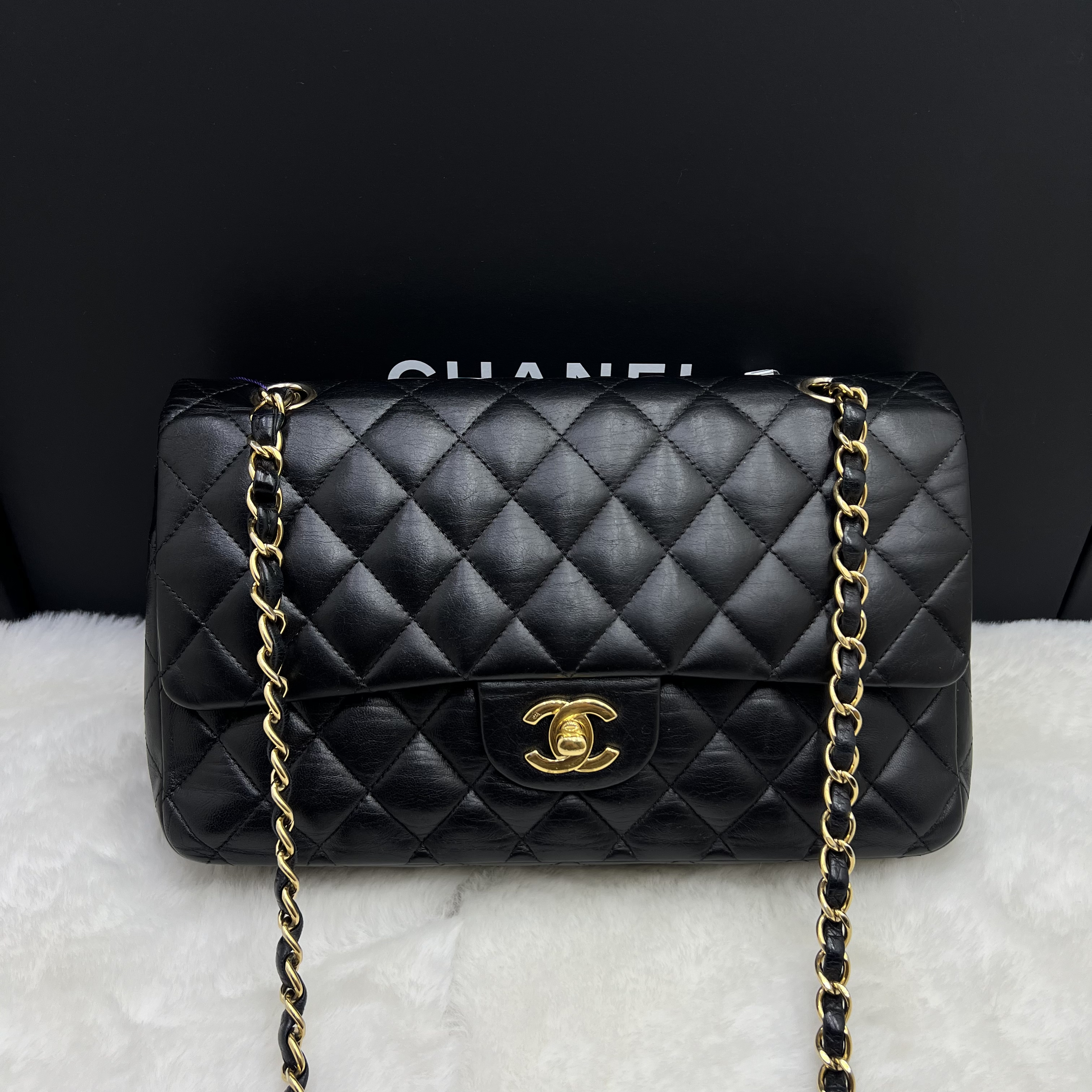 95新 Chanel/香奈儿 香奈儿黑金菱格cf中号单肩斜挎包 11开