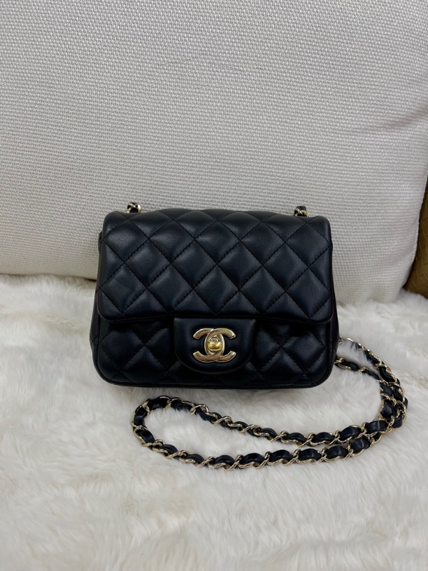 95新 Chanel/香奈儿 香奈儿黑金羊皮方胖子单肩斜挎包