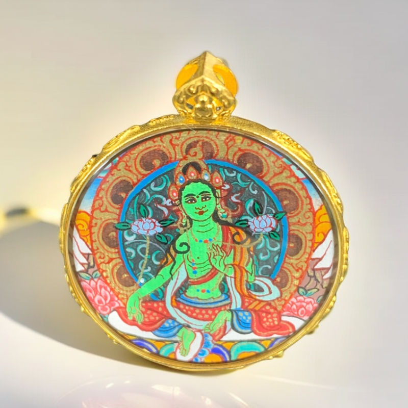 18K金绿度卡卡双面热贡卡吊坠珠宝手绘天然镶嵌