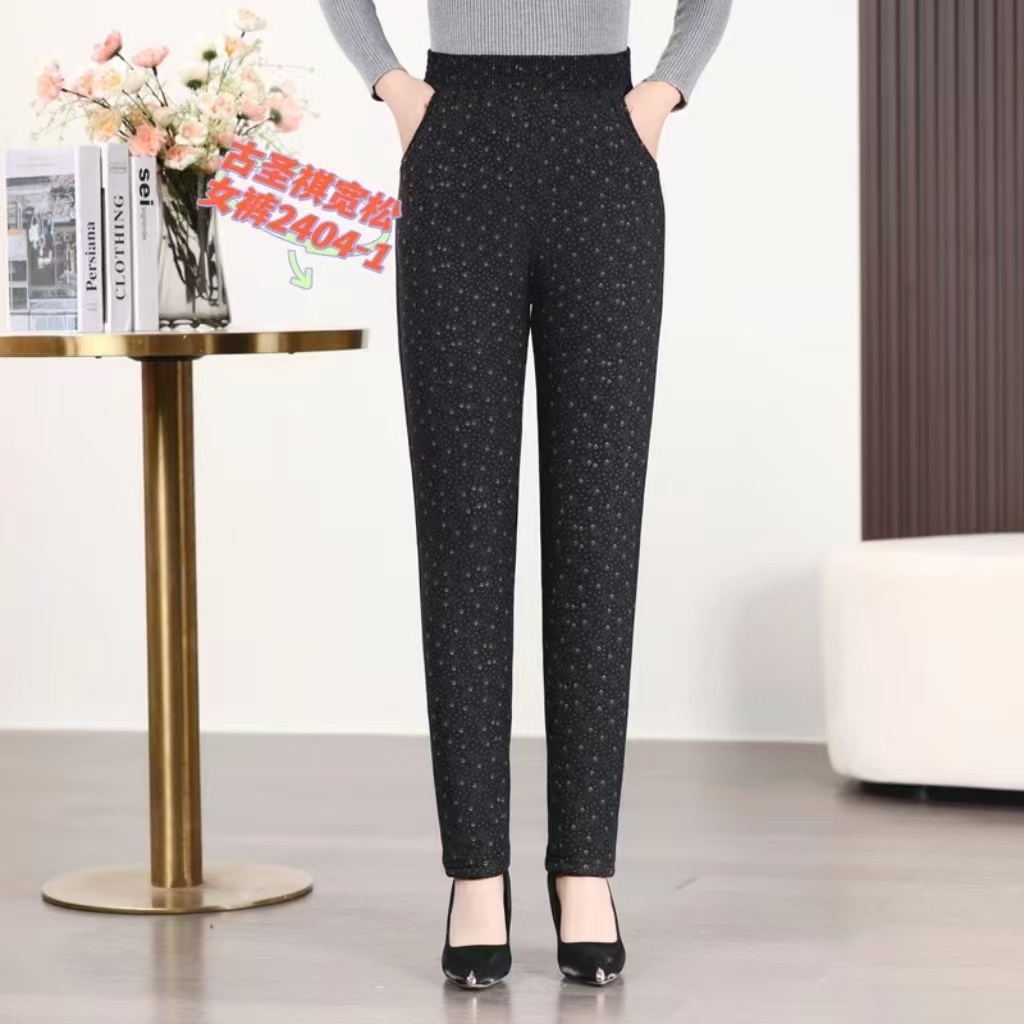 老年人冬季大码加绒带口袋加厚棉裤女士棉裤高腰显瘦弹力棉裤外穿