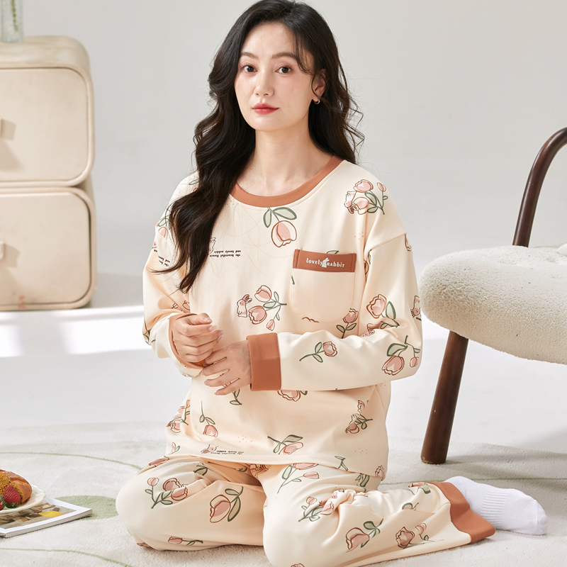 【带胸垫】女士睡衣棉春秋长袖长裤圆领宽松休闲薄款家居服舒适套装