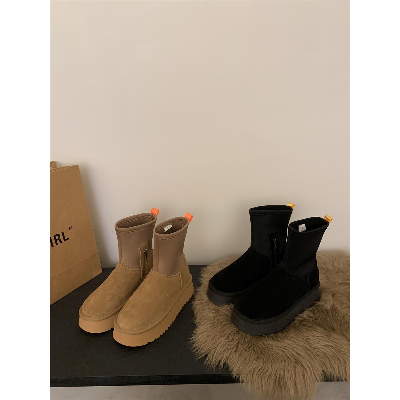 百搭复古真皮雪地靴短靴厚底铅笔靴女靴子秋冬加厚加绒棉靴毛毛靴