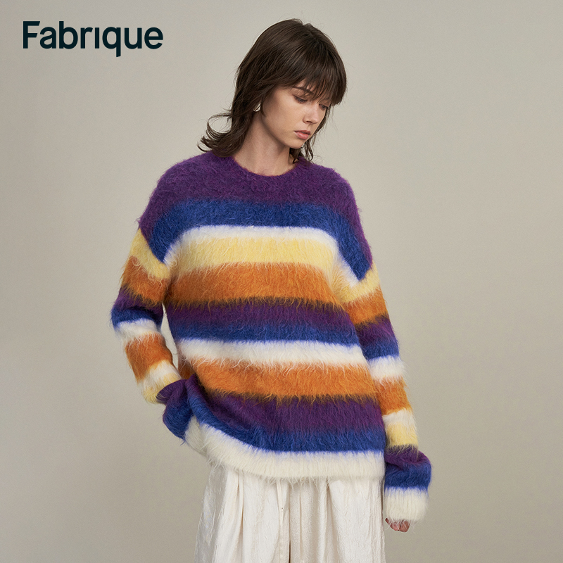 Fabrique Marie秋冬新款软糯彩虹条纹羊驼毛圆领宽松针织套头毛衣