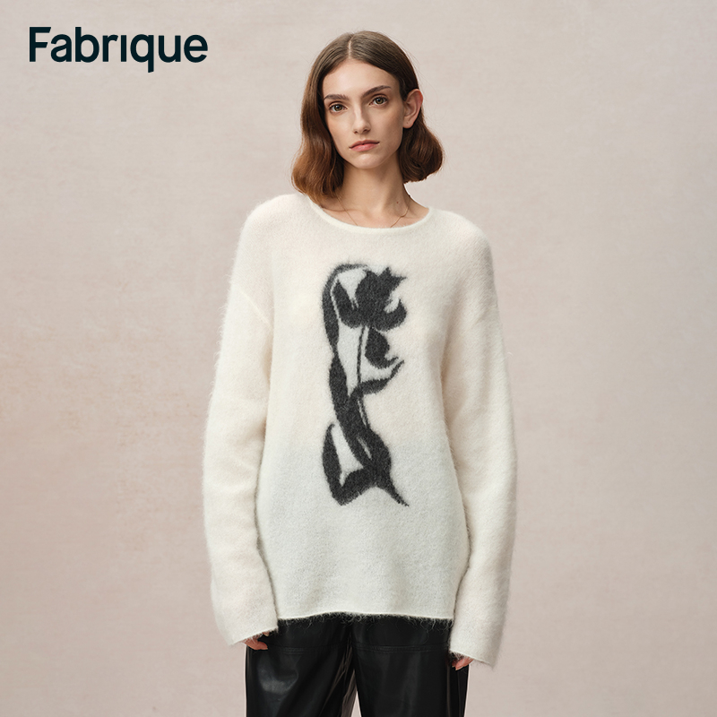 Fabrique松绒系秋冬新款羊脂玉郁金香花卉微透幼马海毛女针织毛衣