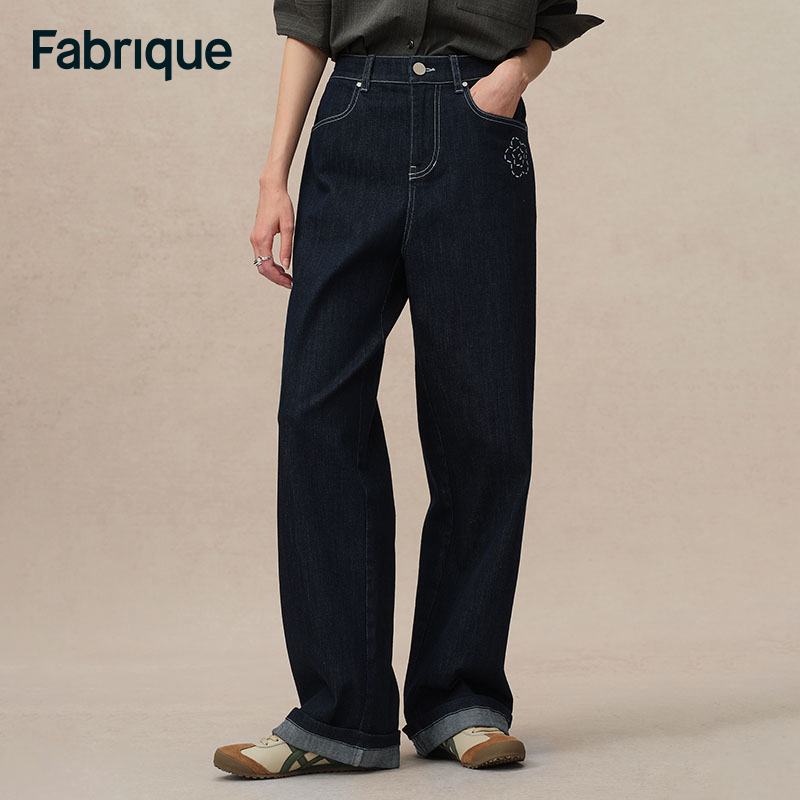 Fabrique Somi 秋冬新款原色土耳其牛仔明线刺绣折边高腰直筒裤