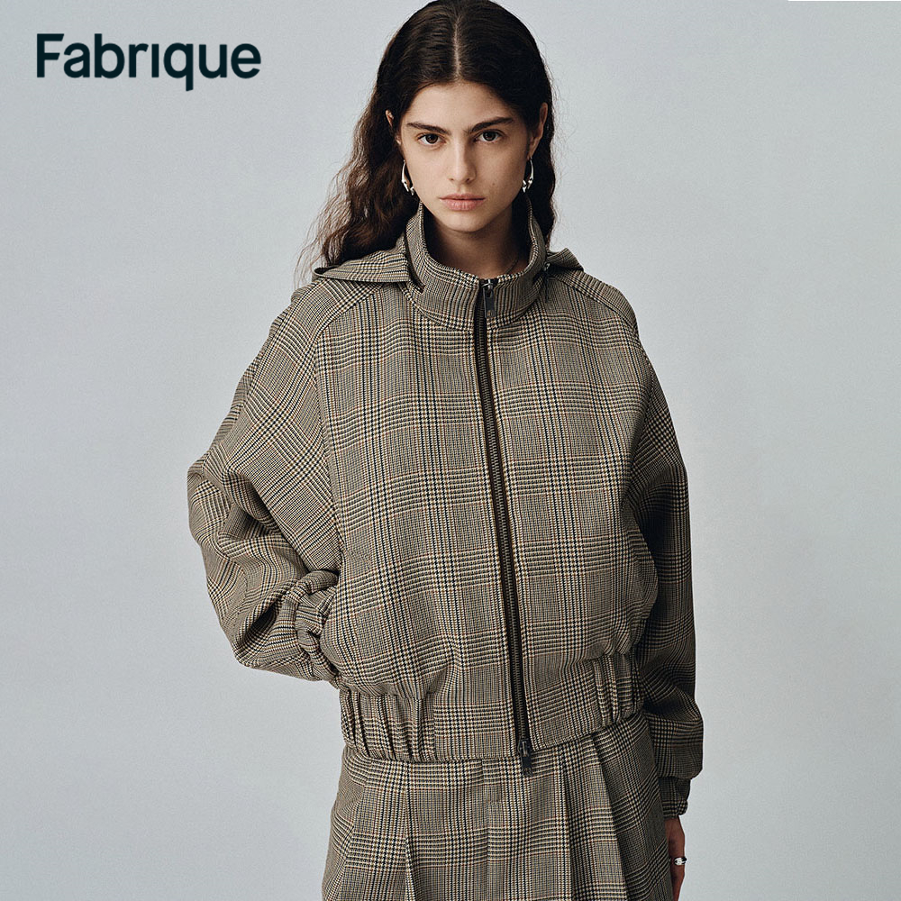 Fabrique Javia 早春新款威尔士格纹精纺绵羊毛宽松连帽立领夹克
