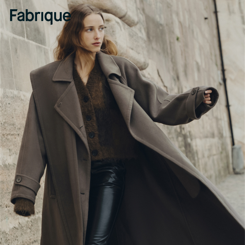 【六一同款】Fabrique冬乌木棕桑蚕丝绵羊毛配围巾腰带叠襟长款大衣