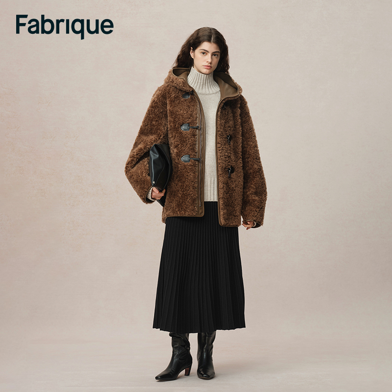Fabrique【糖炒栗子】秋冬新款两面穿保暖时尚休闲羊羔毛连帽大衣女