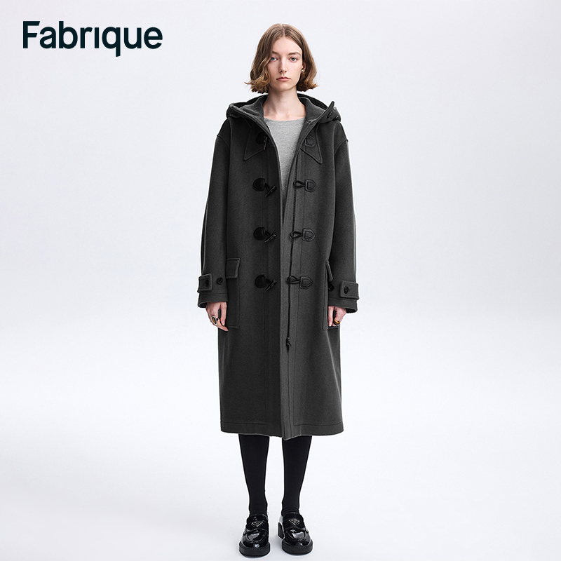 Fabrique Nara 雅丹风学院风牛角扣防风连帽重磅绵羊毛毛呢大衣