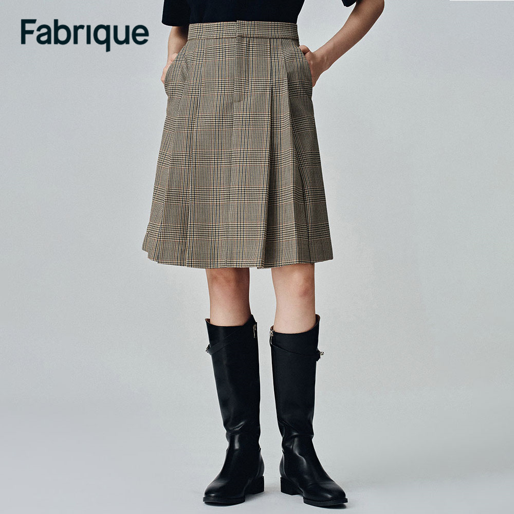 Fabrique Javia 早春新款威尔士格纹绵羊毛高腰休闲A字百褶半裙
