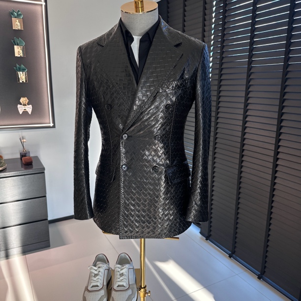 MAIXIMUSI  男士轻奢单排双排戗驳领编织压纹皮西服FR992345-12