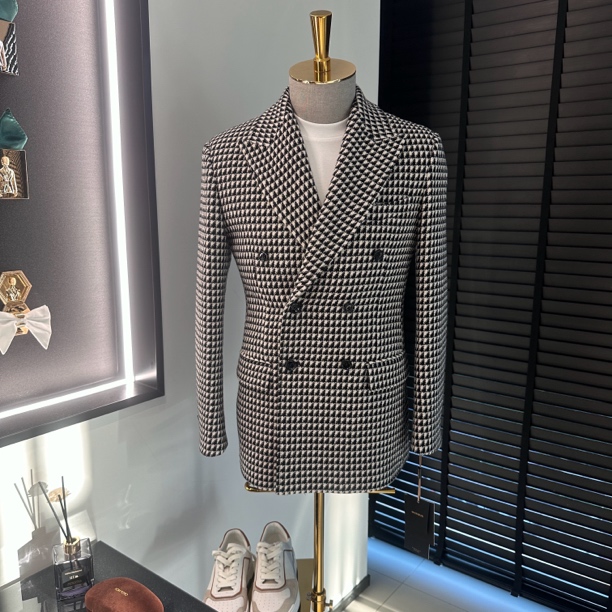 MAIXIMUSI胡桃格子秋冬单双排男士修身黑白戗驳领西装FR992219-1