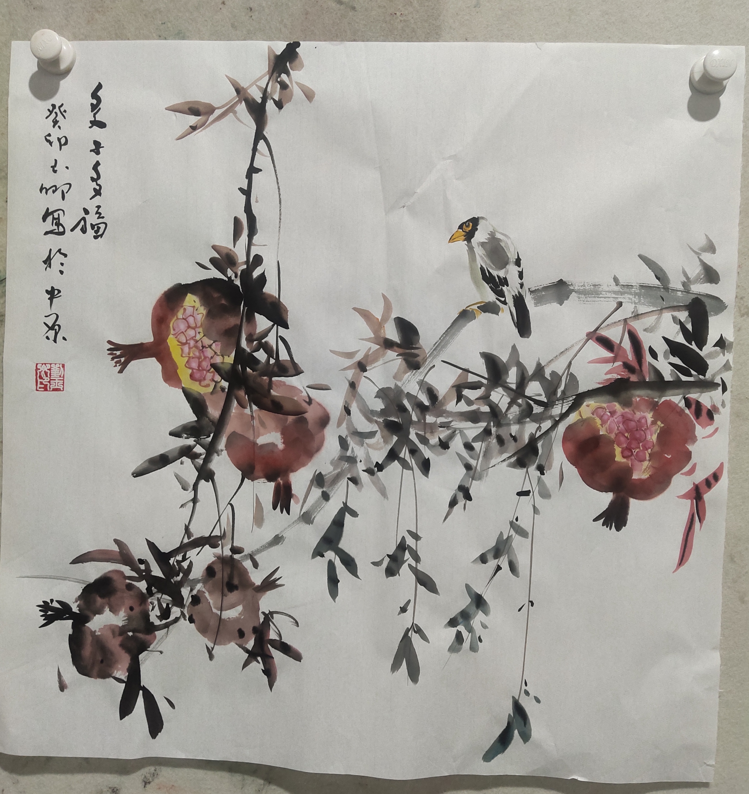 刘玉卿手绘四尺斗方石榴，高68Cm，宽68Cm