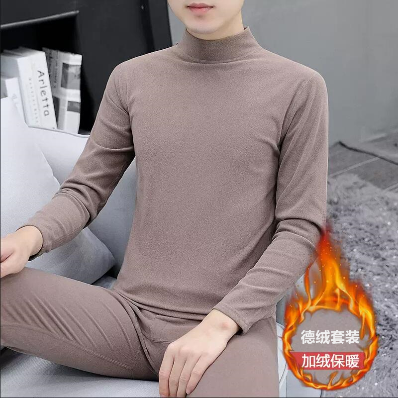 冬季德绒保暖内衣套装男加绒加厚防寒高领秋衣秋裤青年打底棉毛衫