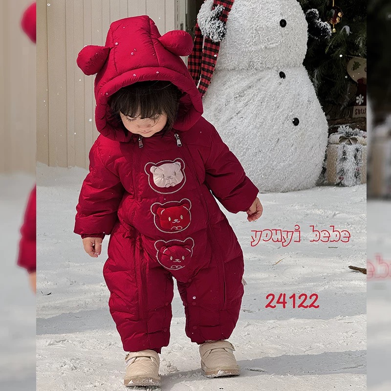 婴儿新生儿三只小熊满月百天周岁日常外出服哈衣白鸭绒羽绒服4122