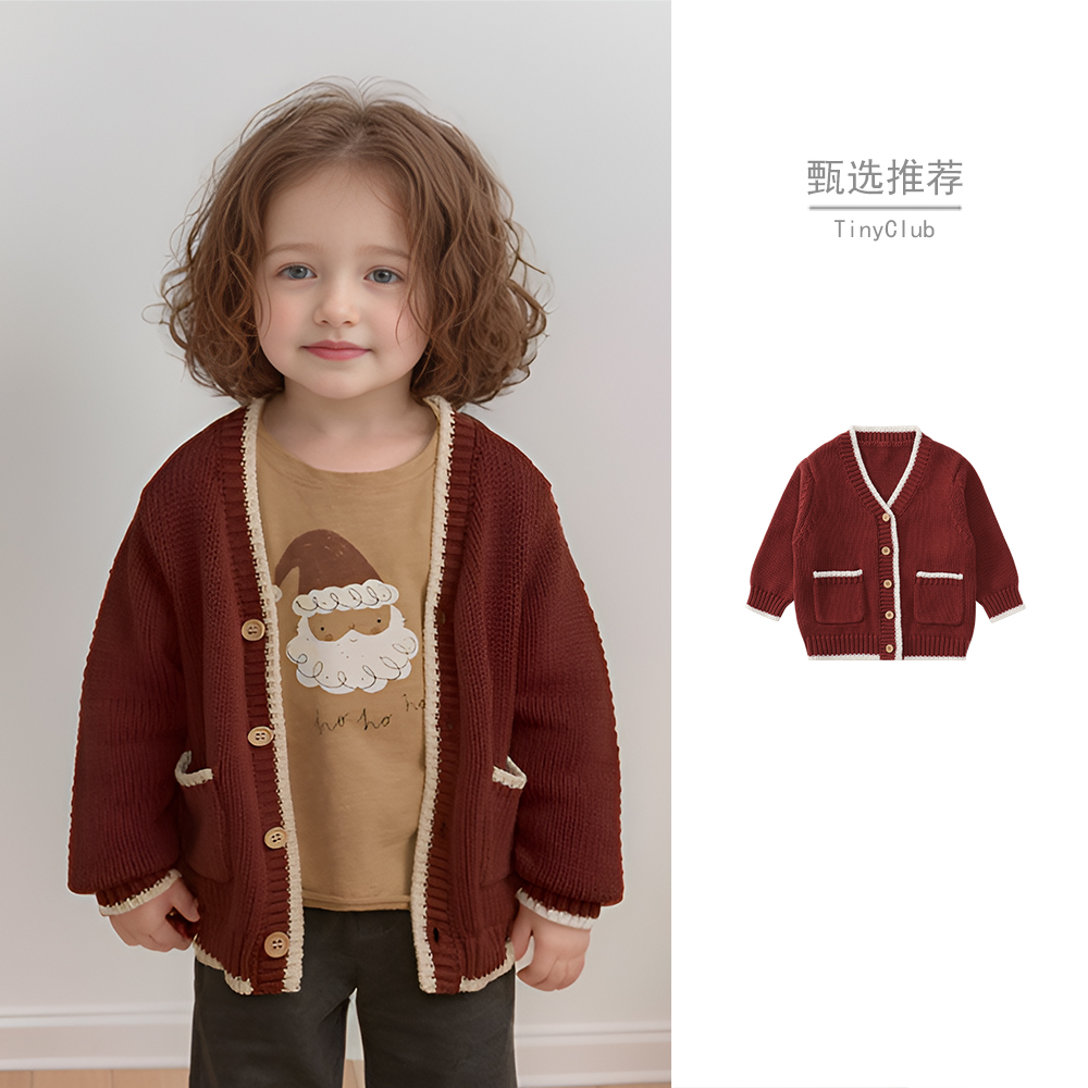 新款婴童针织开衫秋冬纯棉洋气宝宝百搭毛衣外套儿童红色上衣