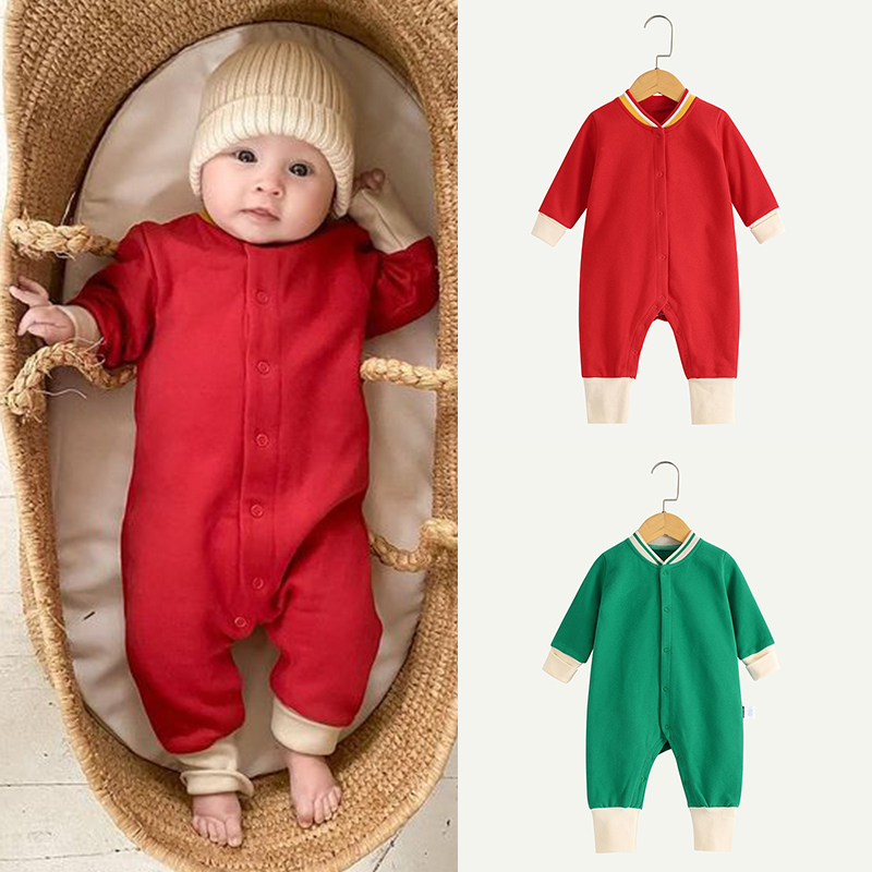 婴儿喜庆衣服抓绒加厚连体衣秋冬宝宝男洋气哈衣保暖女新春爬服