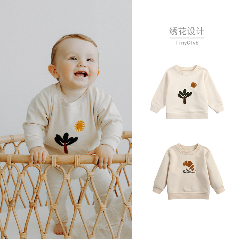提花毛巾绣ins风 宝宝圆领套头卫衣春秋婴幼儿外出上衣洋气童装