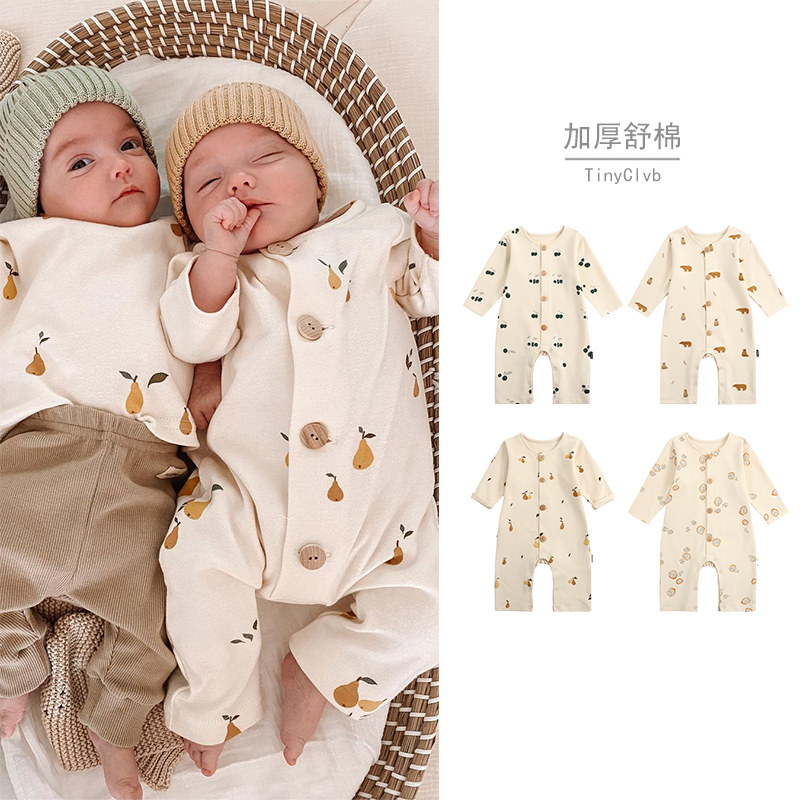 ins北欧田园风印花 宝宝加厚秋冬长袖连体衣婴儿保暖哈衣洋气爬服