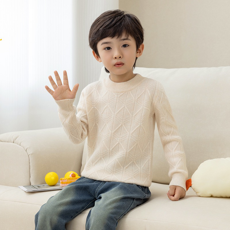 高档圆领加厚男童100%纯羊毛衫鱼骨纹女童秋冬新款套头毛衣中大童