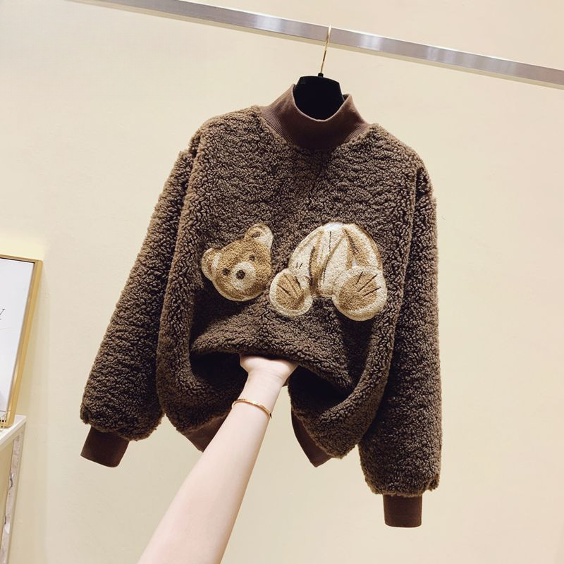 加绒加厚羊羔绒毛毛卫衣女秋冬刺绣小熊宽松高领显瘦百搭厚实保暖