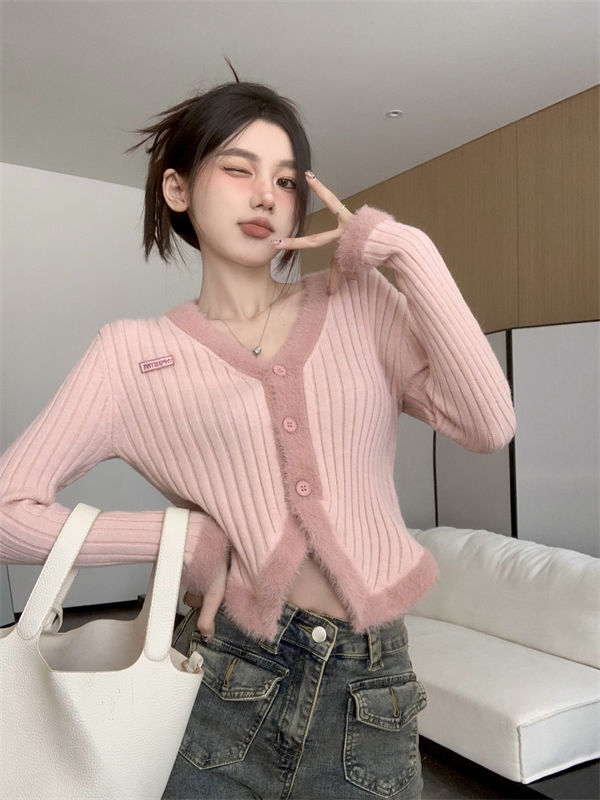 v领毛绒拼接粉色短款毛衣开衫女春秋冬外穿内搭修身显瘦针织外套