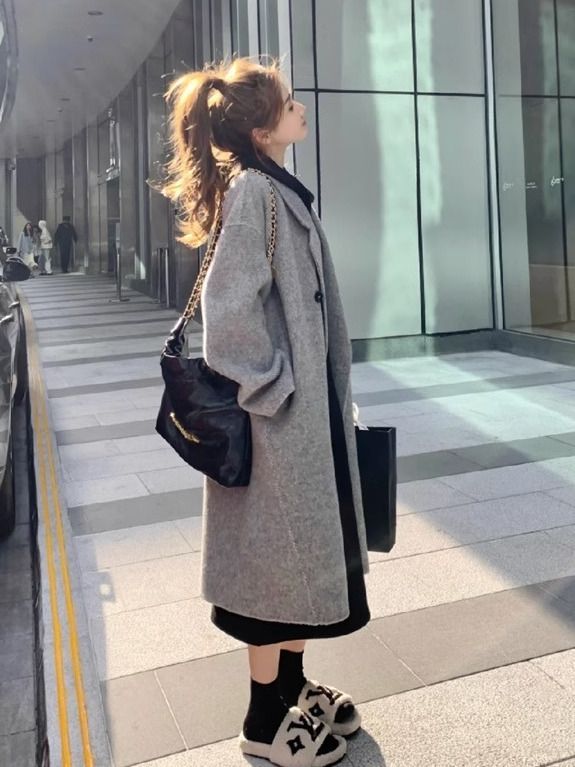 灰色呢子大衣女2023秋冬新款美拉德韩系赫本风小个子加厚毛呢外套
