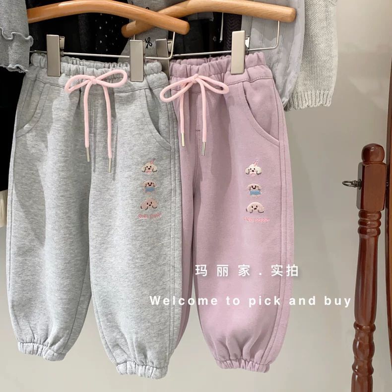 小朋友的卫裤!厚面料 秋冬新款韩国女童刺绣一体绒束脚休闲运动裤
