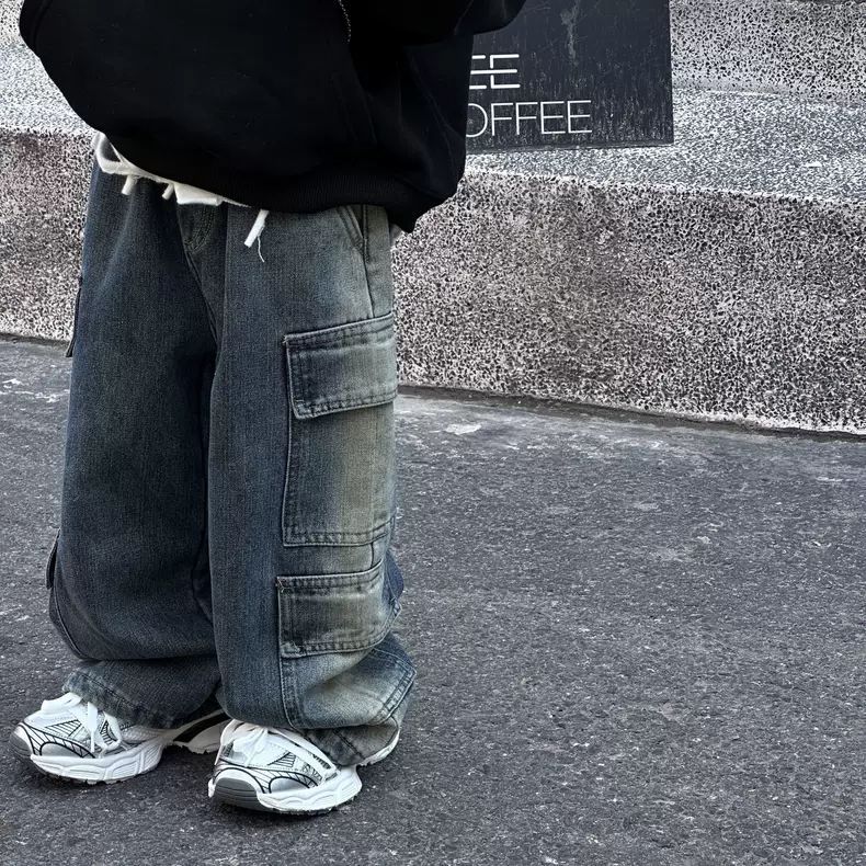 儿童工装牛仔裤2025男女童潮酷牛仔裤宝宝复古重工街舞直筒长裤韩