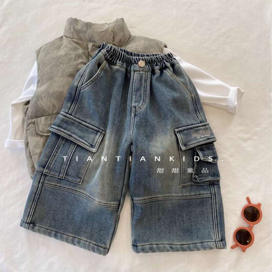 软牛仔!刺绣加绒工装牛仔裤2025韩版男童秋冬女宝韩版长裤直筒裤