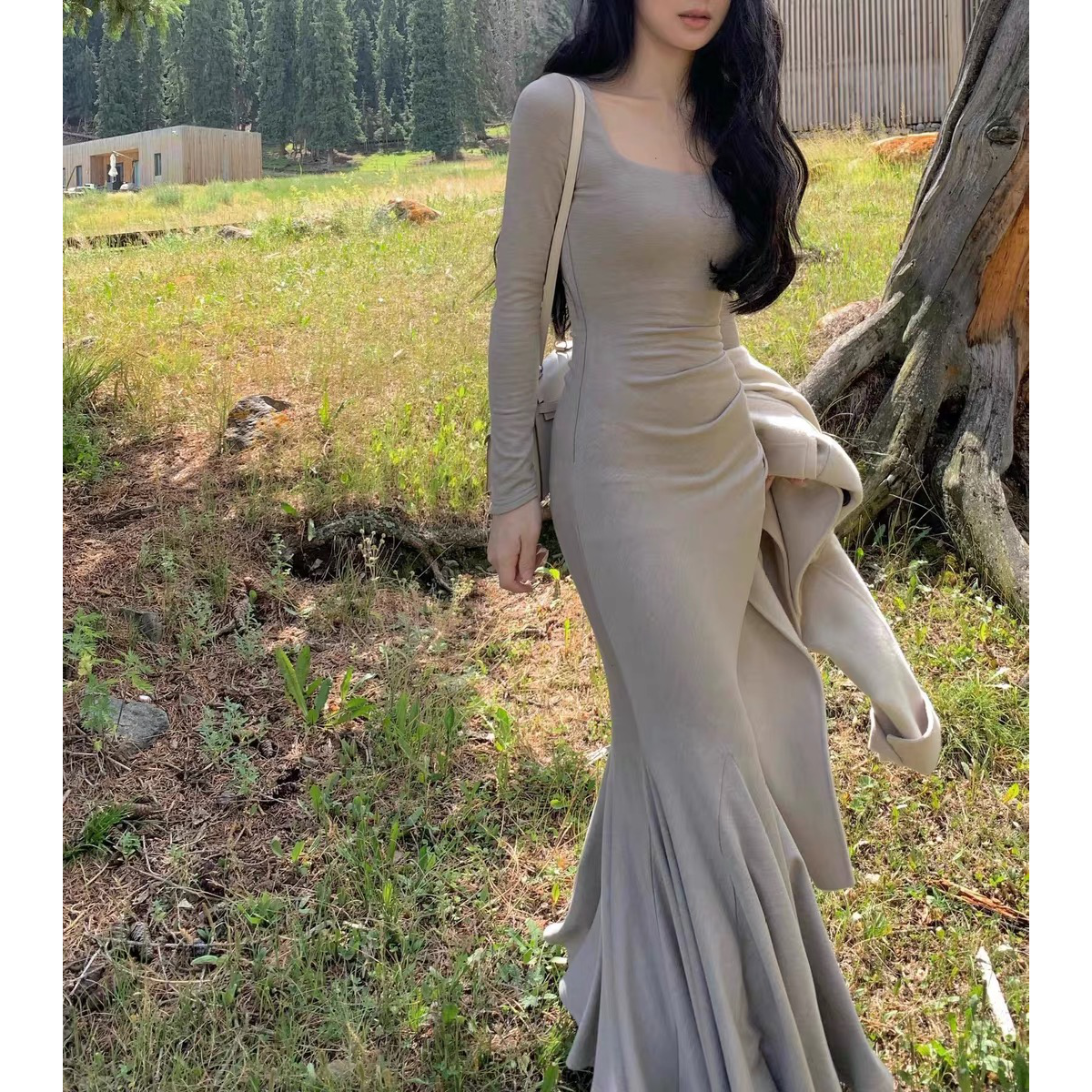 九头身系列步步生花针织鱼尾裙秋轻奢高级感法式名媛长款连衣裙子